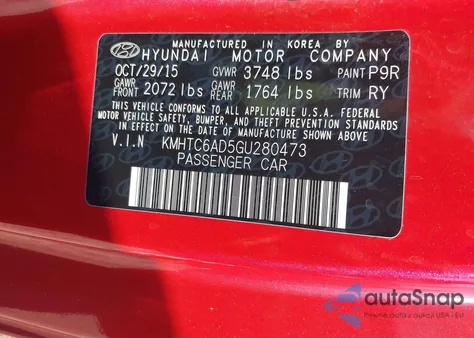 2016 Hyundai Veloster из США, поврежденный, VIN KMHTC6AD5GU280473